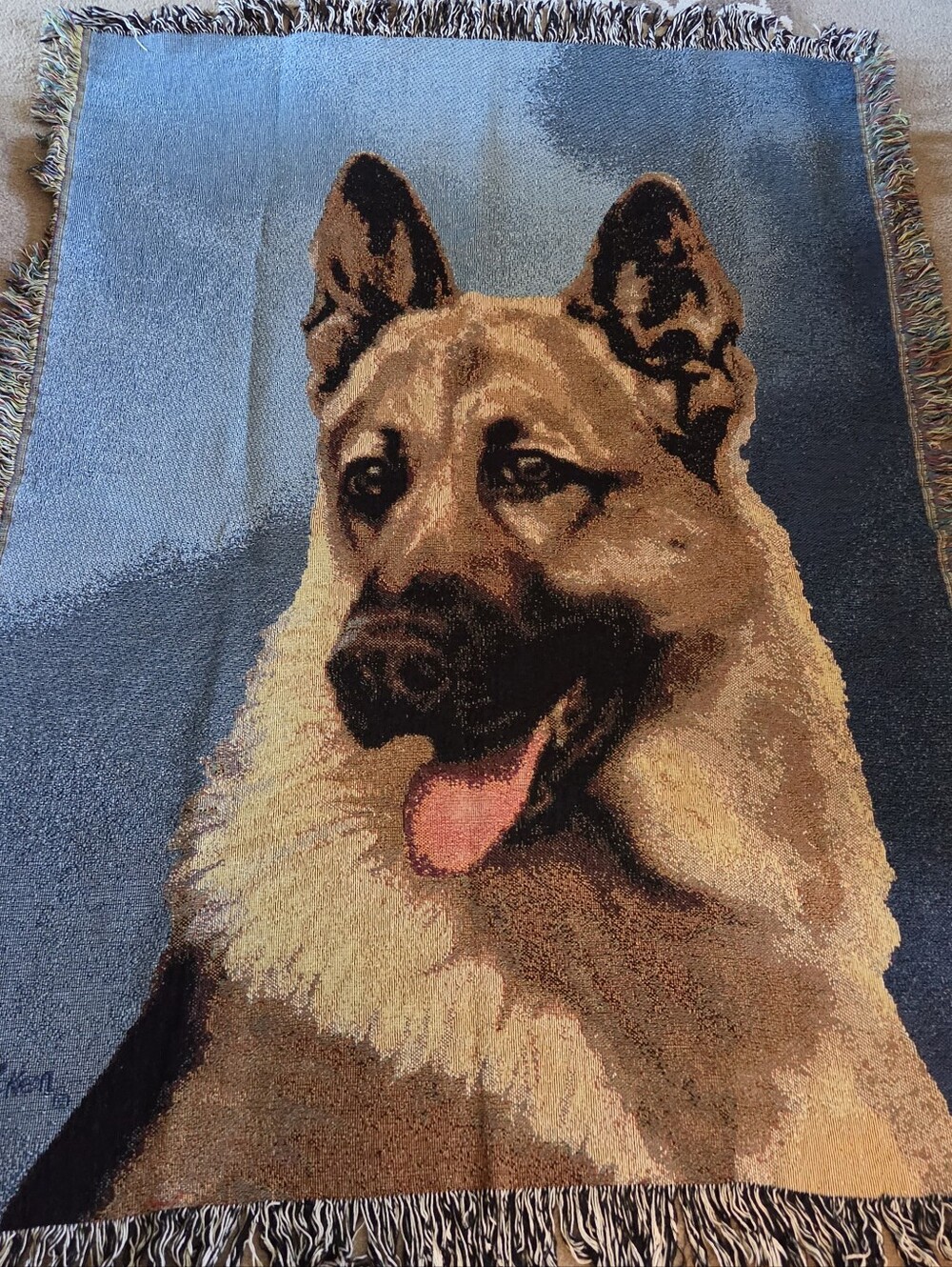 Vintage German Shepherd Dog Woven Tapestry Throw Blanket 44"x60" Fringed K9 Art
